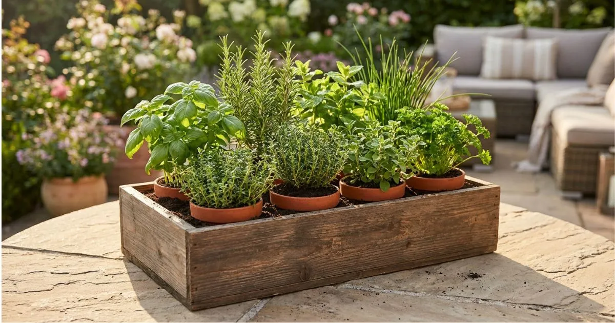 Herb planter filled with basil, rosemary, thyme, and mint arranged on a sunny balcony.