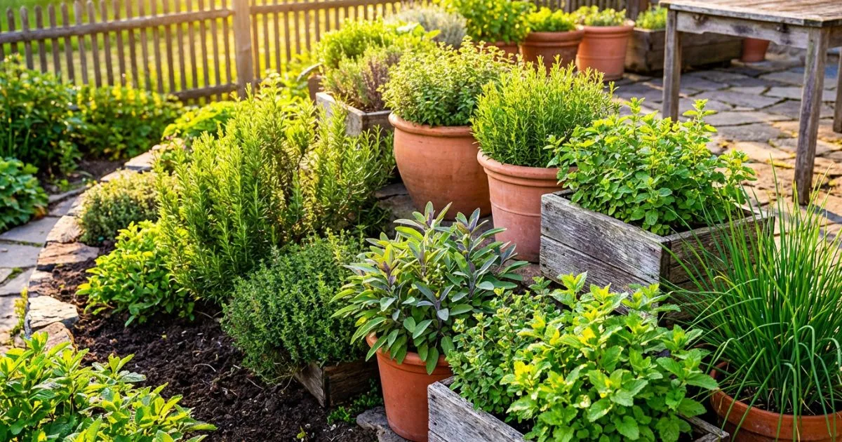 Perennial herbs growing in full sun, including rosemary, thyme, lavender, and oregano in a garden bed.