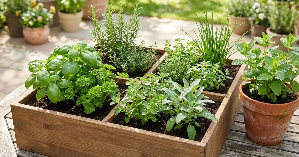 What herbs can be planted together in full sun, including rosemary, thyme, oregano, and basil growing side by side in a sunny garden bed.