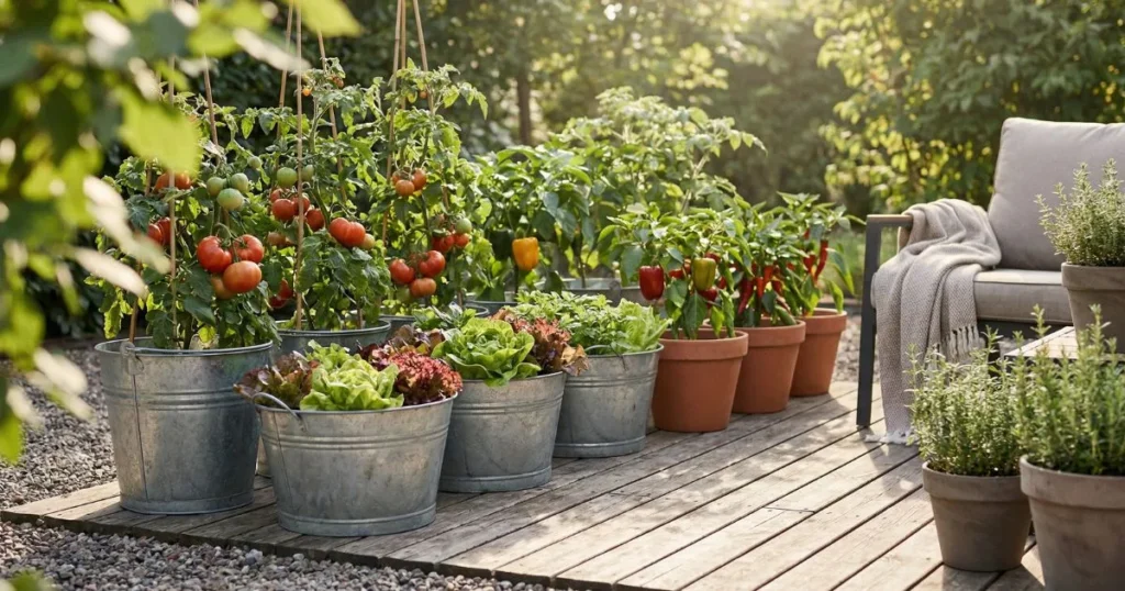 outdoor patio garden with vegetables growing in buckets showing tomatoes lettuce and peppers
