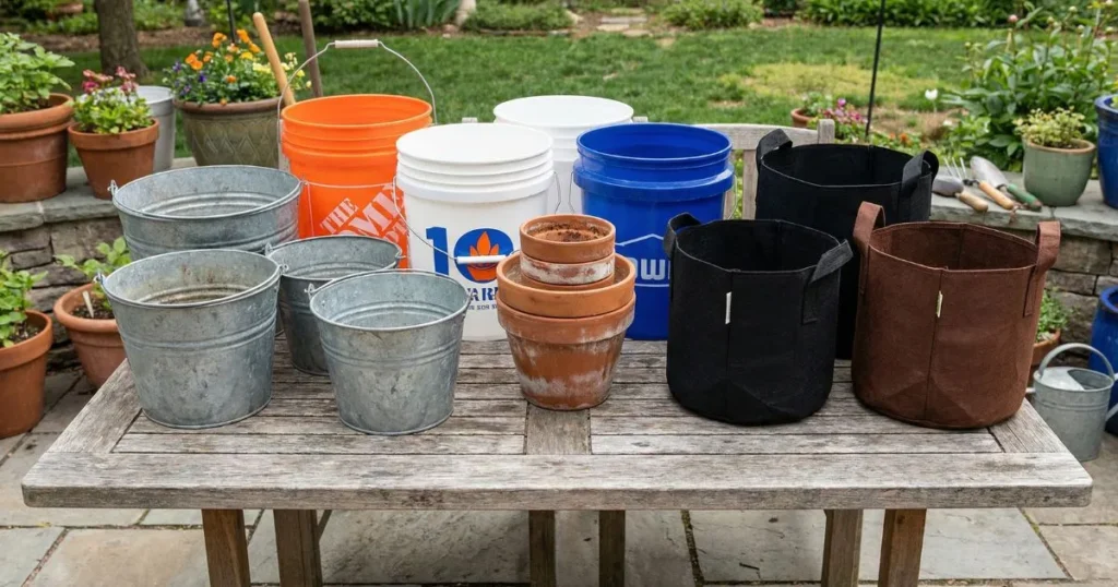 different types of gardening containers including metal buckets plastic buckets terracotta pots and fabric grow bags
