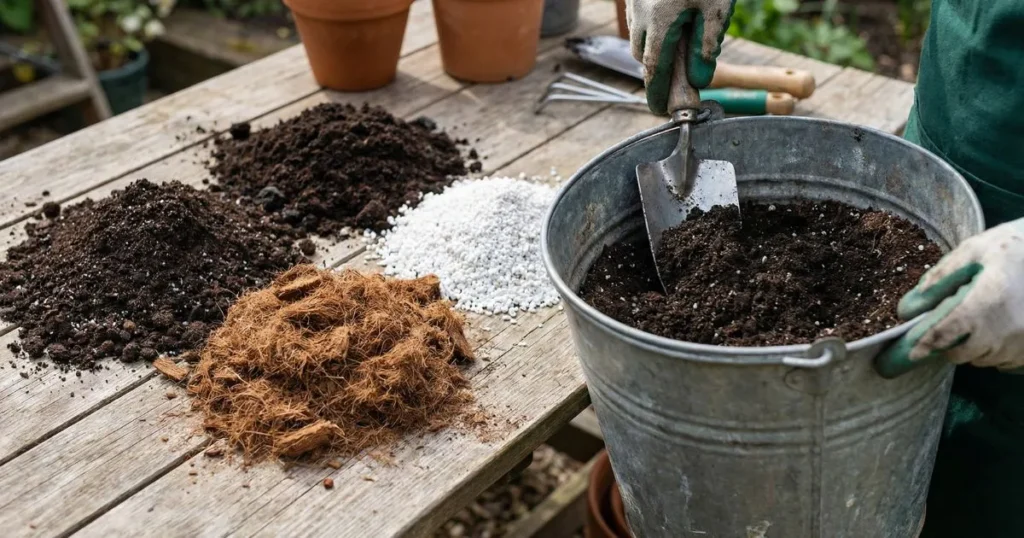 gardener mixing potting soil compost perlite and coconut coir for bucket gardening in an outdoor setting