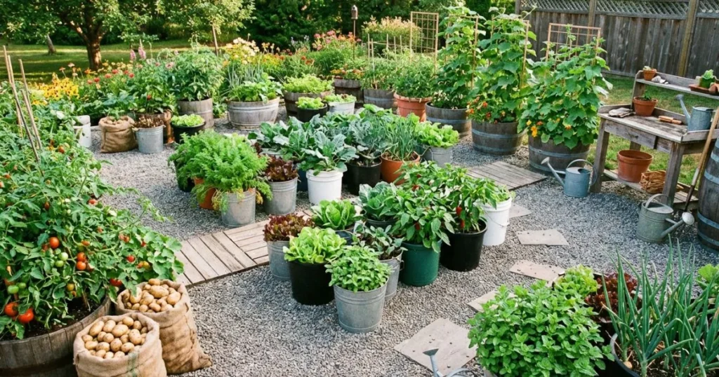 outdoor container garden with multiple vegetables growing in buckets including tomatoes potatoes kale and lettuce