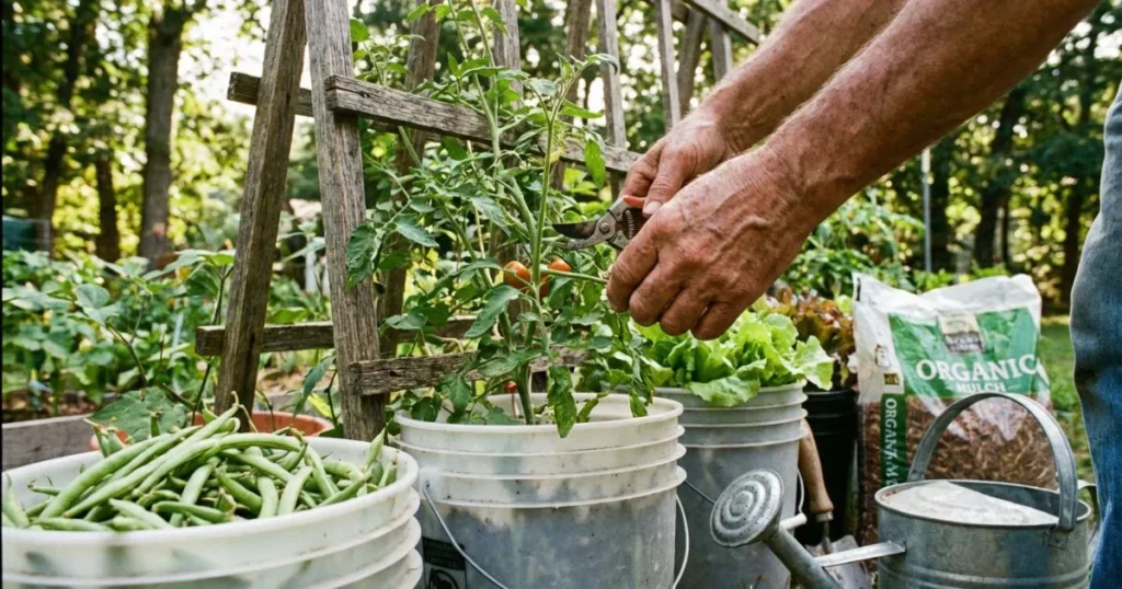 gardener watering and caring for vegetables growing in buckets on a patio